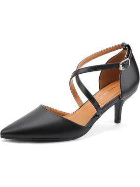 Women's Black Kitten Closed Pointed Toe Heels Low Heel Cross Strap Dress Shoes
